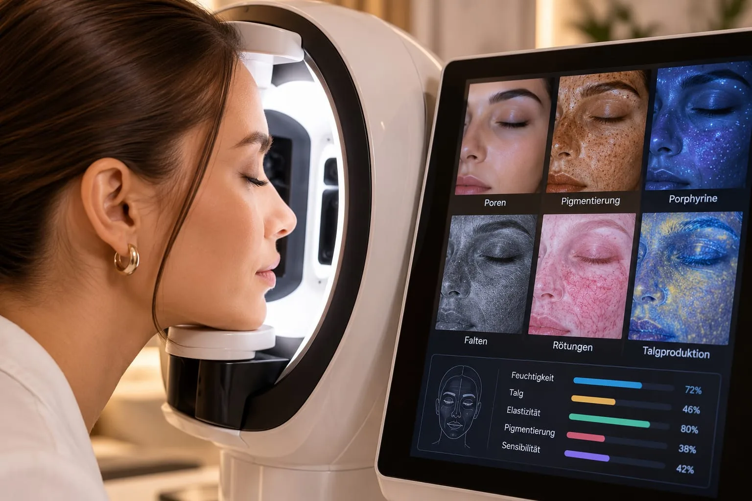 Gesichtsanalyse: Hautscan mit Auswertung auf dem Bildschirm