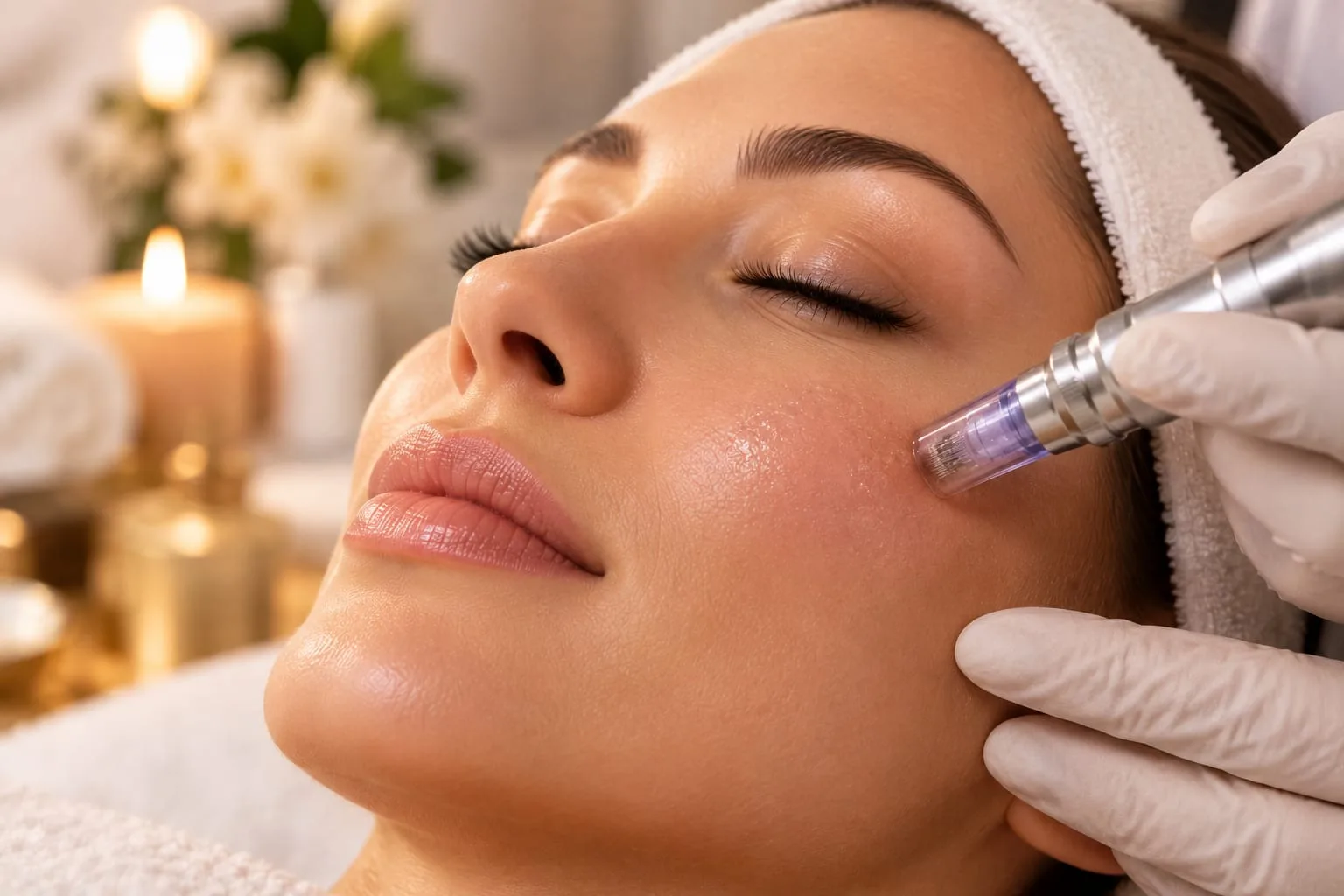 Gesichtsbehandlung: Microneedling-Gerät an der Wange