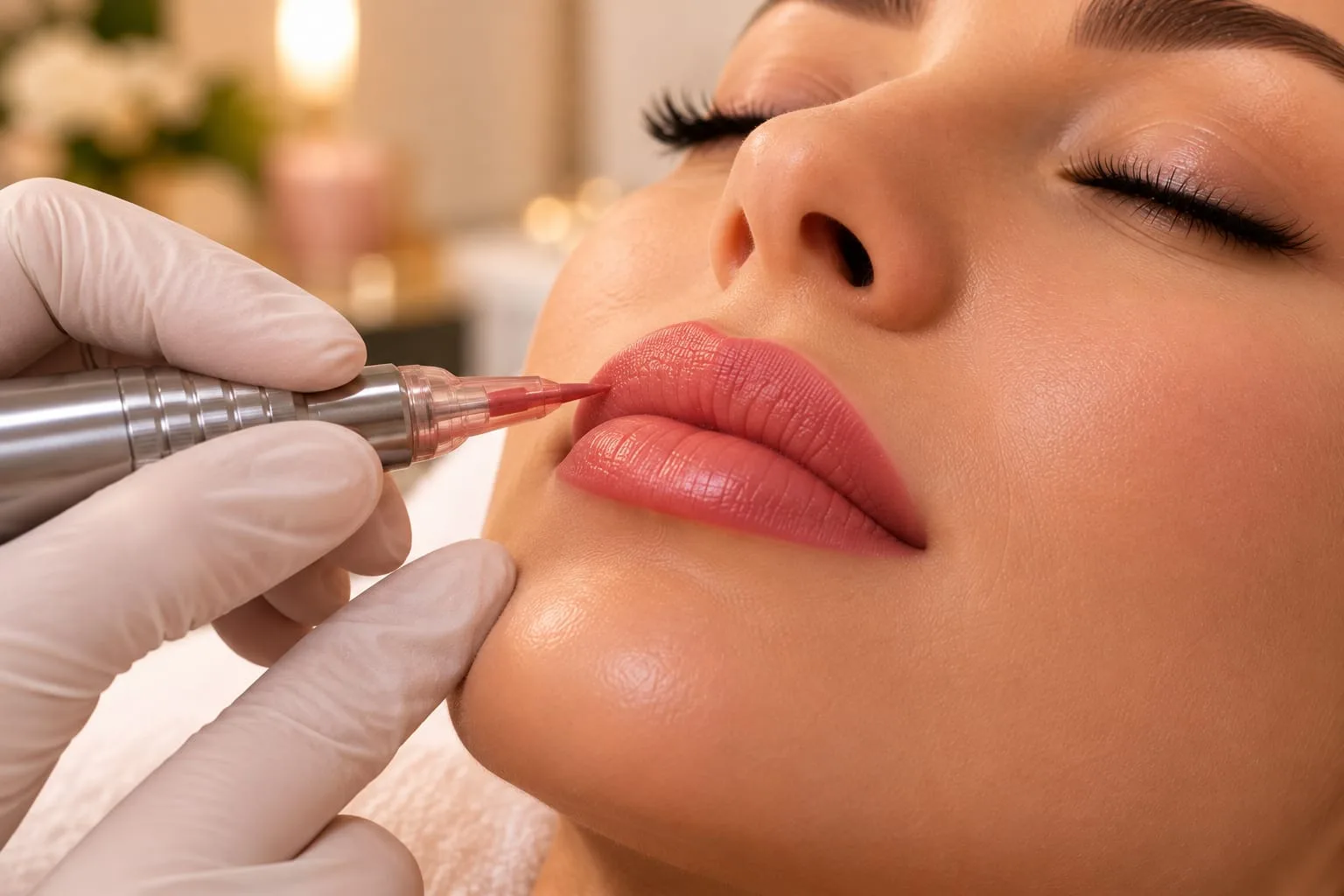Powderlips: die Lippenkontur wird mit dem Pigmentiergerät gezogen