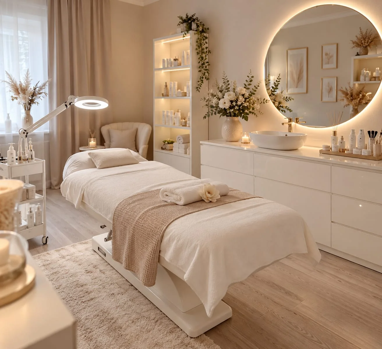 Behandlungsraum von Vela Cosmetics: Liege, Lupenleuchte, Pflegeprodukte und beleuchteter Rundspiegel